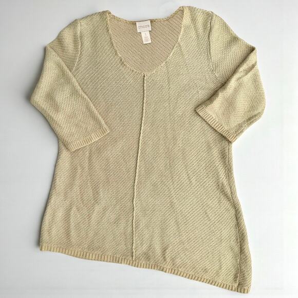 CHICO’S Heidi Knit Sweater Khaki 3/4 Sleeve Asymmetrical Silver Gold Size 1 M 8 - Picture 4 of 7